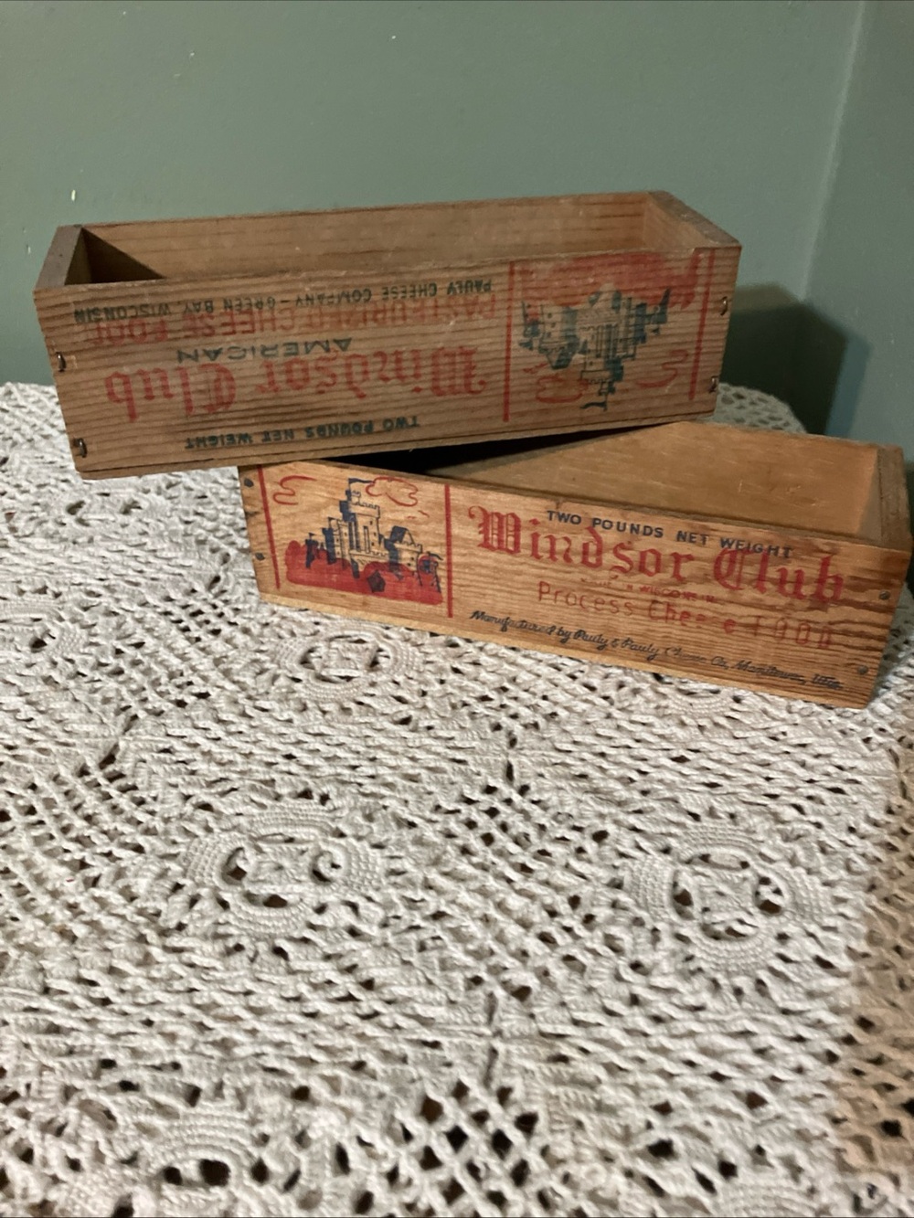 Two Vintage Advertising CHEESE Wood Crate Boxes WINDSOR Club Manitowoc Wisconsin
